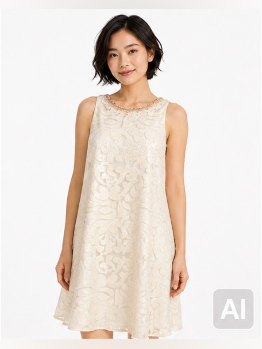 Badgley Mischka Belle Cocktail Evening Dress Ivory White Sequins Size 8 Like-New